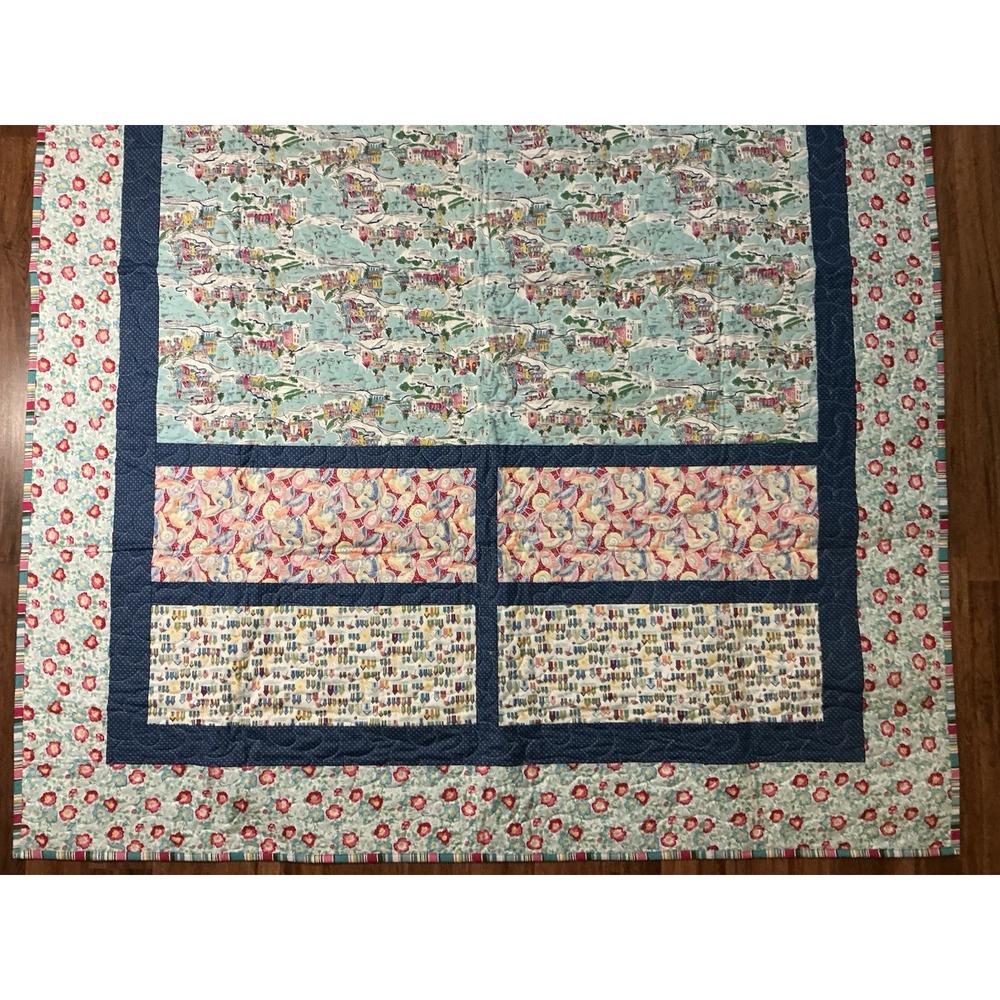 Handmade Patchwork Quilt Teal Village Scene Blue Sashing Floral Border 72 X 57"